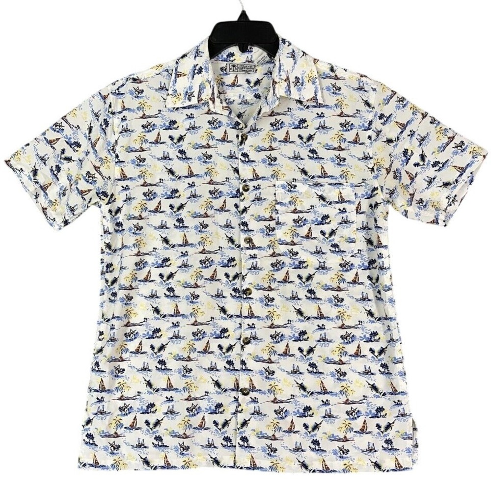 Hawaiian Shirt Mens Small Island Inspired Resortwear Sailing Marlin Fishing Camp